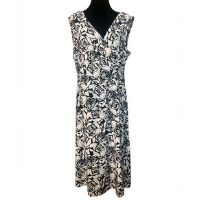 Anne Klein Sz XL  Black White Rose Print Midi Maxi Faux Wrap Dress Stretch